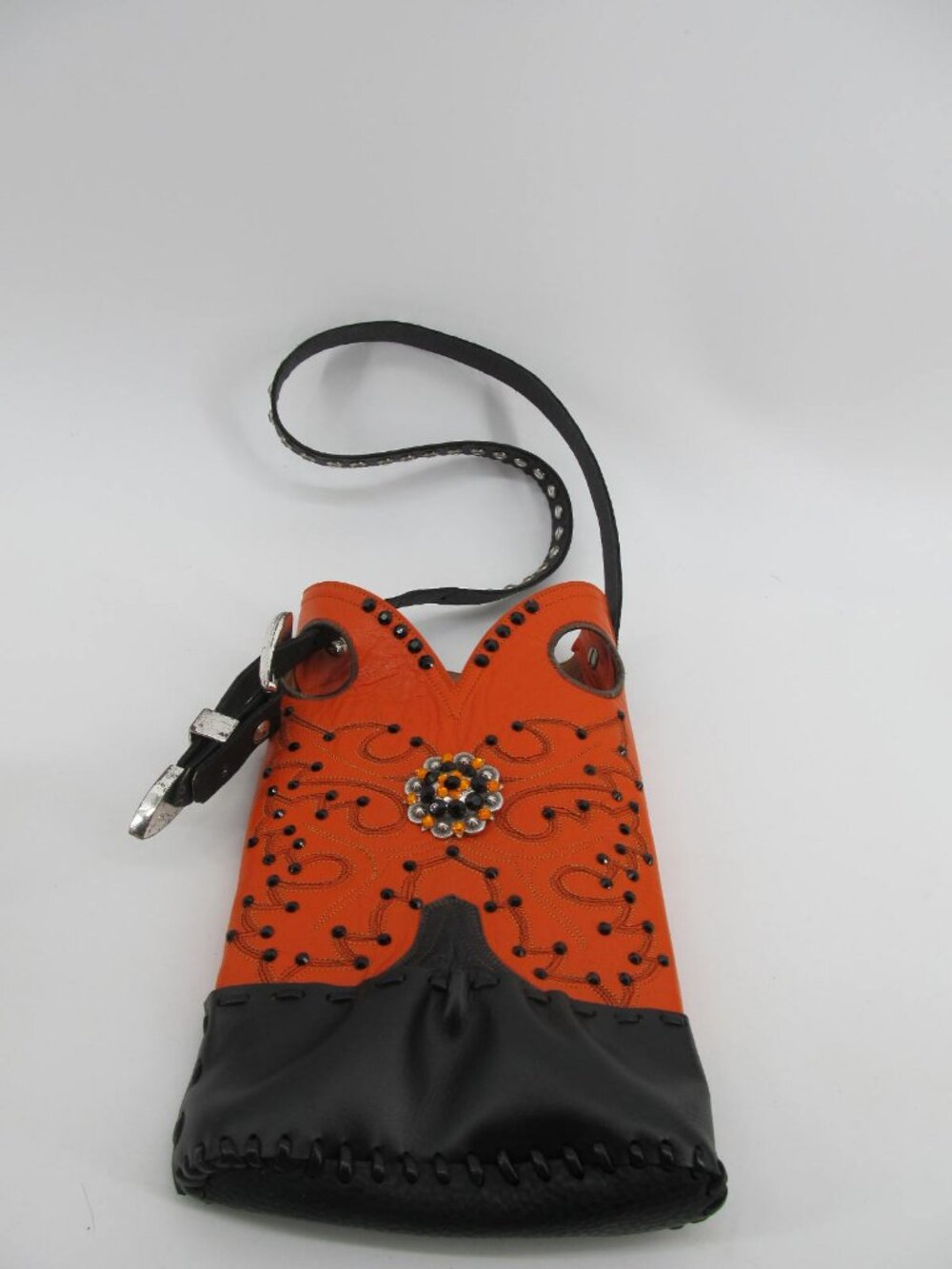 Boot Purse Orange black Leather Stitched Western Handbag Texas Cowgirl bling OSU